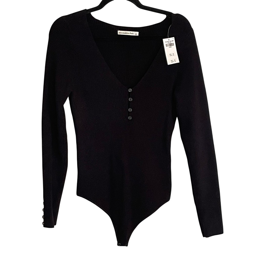Abercrombie & Fitch Black Ribbed Henley V-Neck Long Sleeve Bodysuit Large NWT
